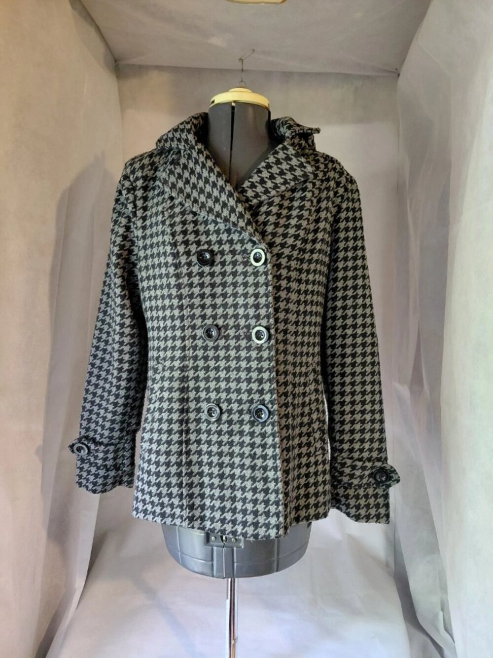Vintage Faded Glory Women's Black/Gray Houndstooth  Peacoat Lined Size XS